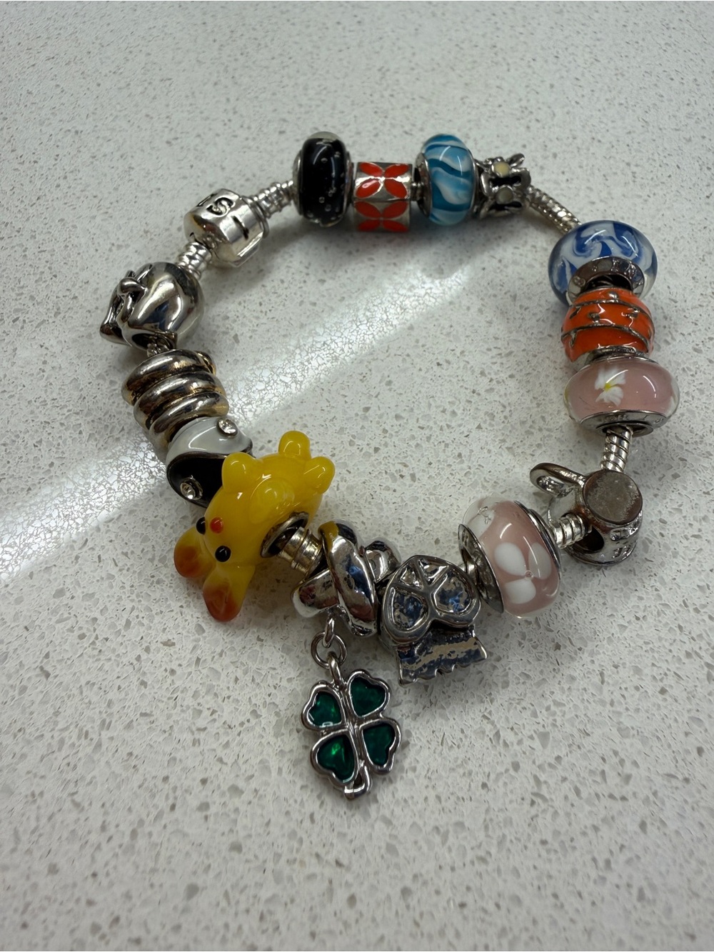 iris Multicolor Glass & Silver Charm Bracelet with Yellow Fish Accent